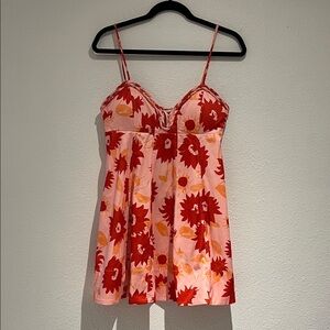 Pink Floral Mini Dress with Red & Orange Print